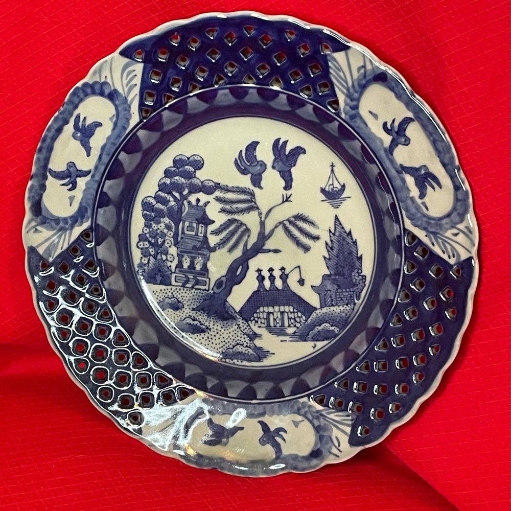 Antique Asian Blue and Ivory Pierced Plate with 4 character mark. scalloped rim.